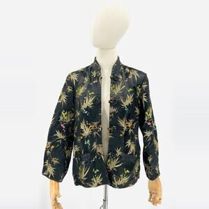 Vintage 80s Chinese Black Satin Gold Bamboo Embroidered Reversible Jacket